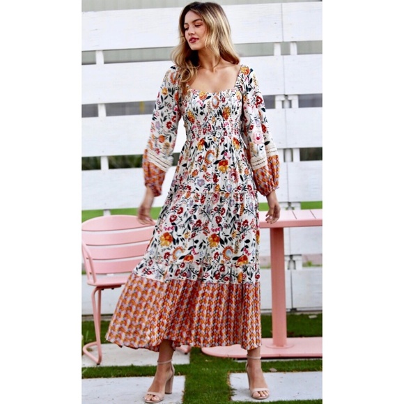 ANGIE Ivory Floral Smocked Long Sleeve Tiered Maxi Dress - Picture 5 of 11